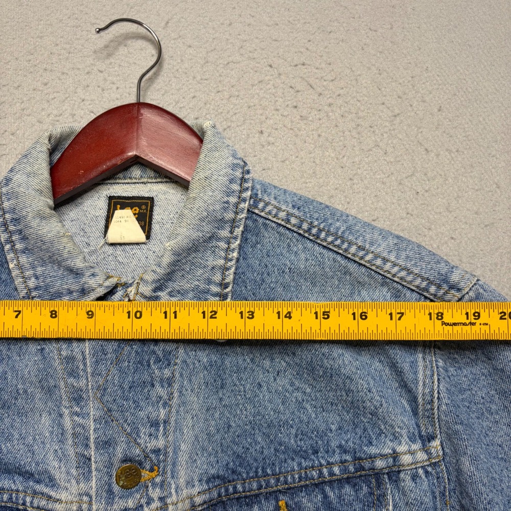 Lee Denim Jacket Mens 46 Blue Vintage 80s Trucker Distressed Acid Wash Patched - Picture 9 of 16